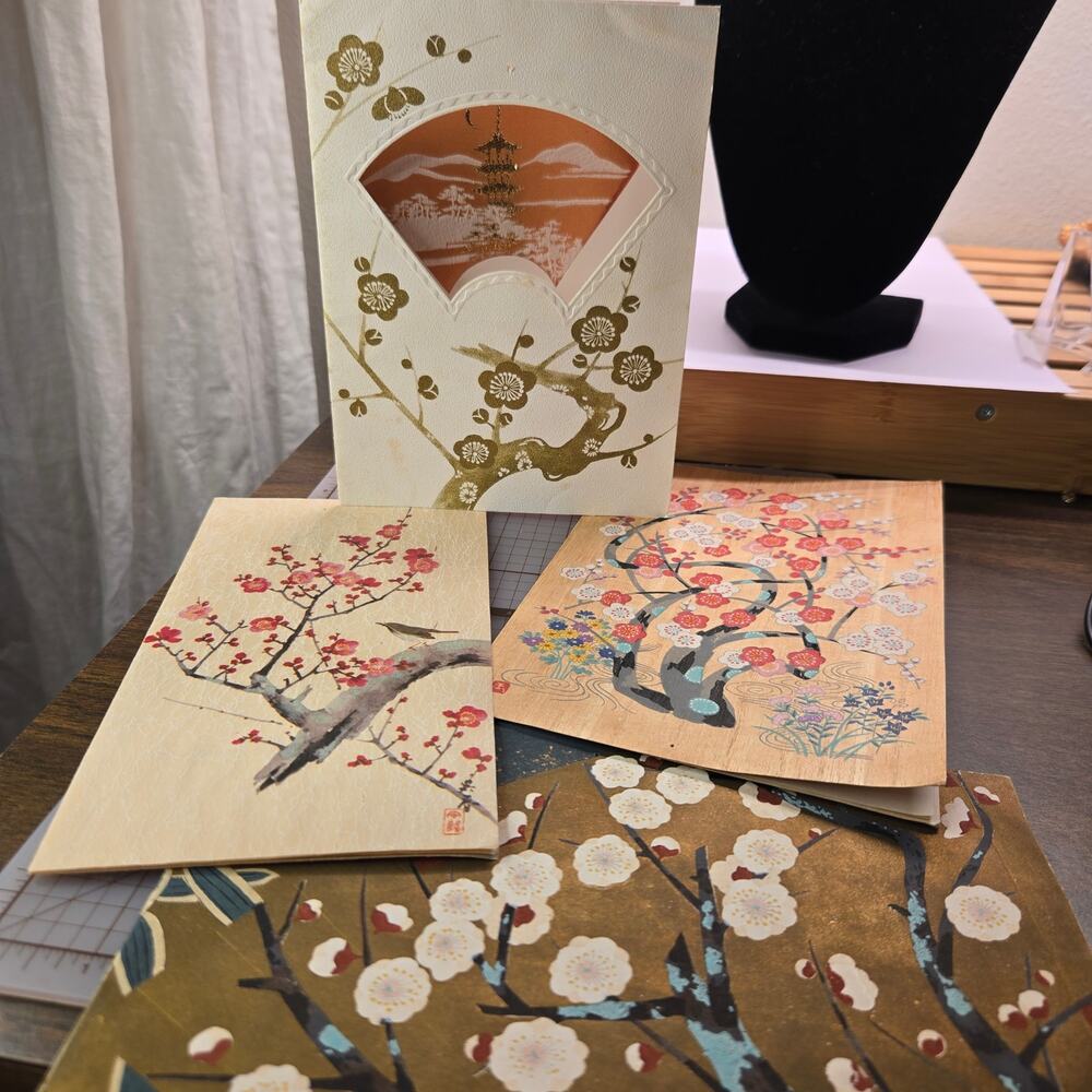 Vtg Japanese Hand Painted Note Card Lot Sakura Plum Blossom Art Prints Silk